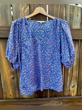 Madewell PUFF-SLEEVE Top Floral V-Neck Shirt Cottagecore sz. Large